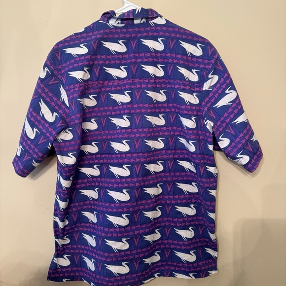 Vintage 90s Segrets Abstract Purple Bird Crane Print Shirt Med - Picture 6 of 8